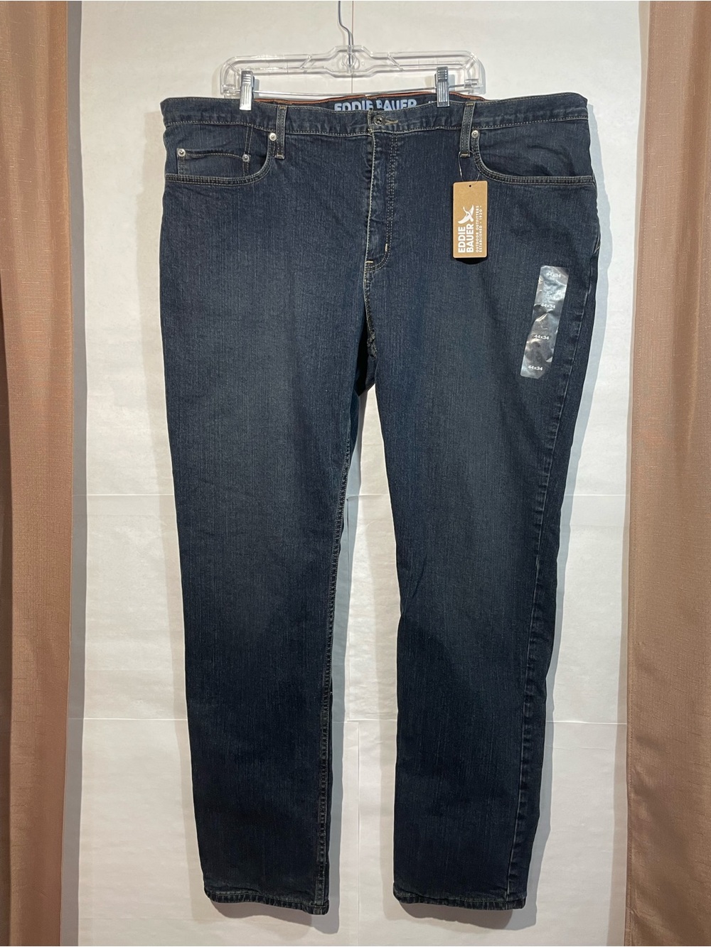 NWT Eddie Bauer Men's 44x34 H2Low Flex Flannel-Lined Slate Blue Jeans